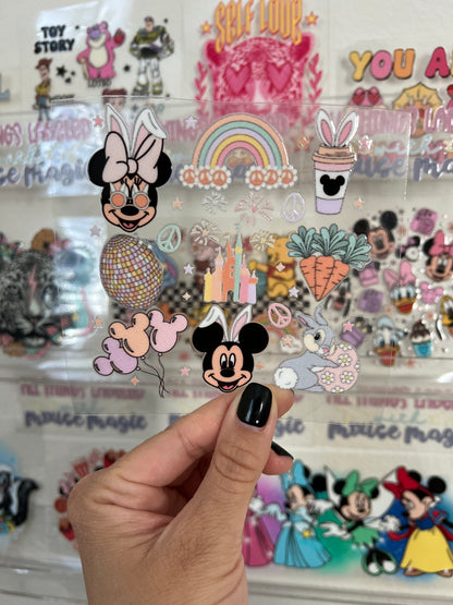 Pastel Mickey Easter UV DTF Disney Inspired Castle Decal | Ready to Apply Disco Bunny Ear Mouse and Friends Sticker Permanent Waterproof