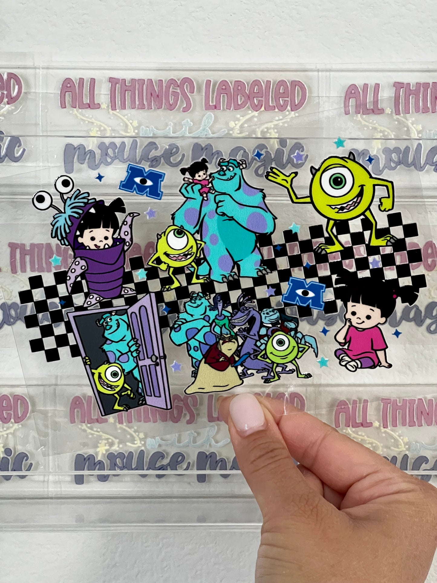 Incorporated Checkered UV Direct to Film Decal Sully Mike Boo Sticker Disney Inspired Transfer | Ready to Apply Wrap