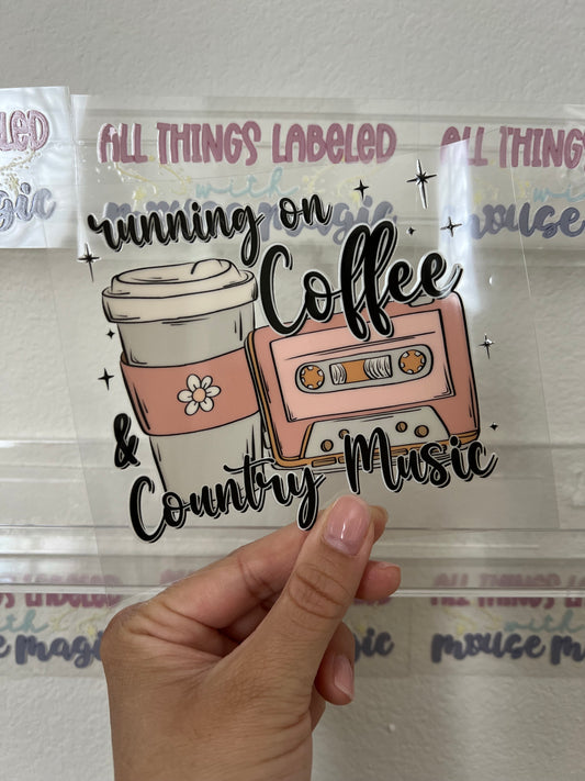 Running on Coffee & Country Music UV Direct to Film 16oz Country Cup Wrap | Permanent Sticker Ready to Apply