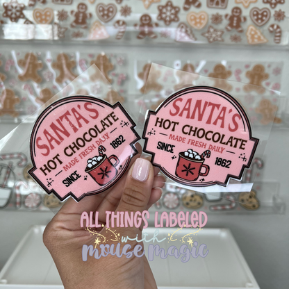 Santas Hot Chocolate UV DTF Decal Pink Christmas Sticker | Ready to Apply Holiday Gift Tag Permanent Waterproof