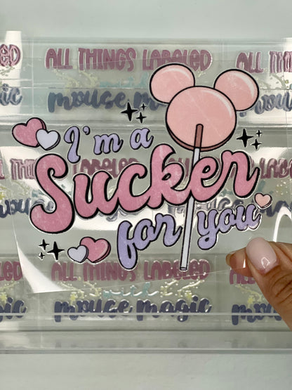 I’m a Sucker for You UV DTF Disney Inspired Decal Lollipop Sticker | Ready to Apply Magical Vday Libby Cup Wrap