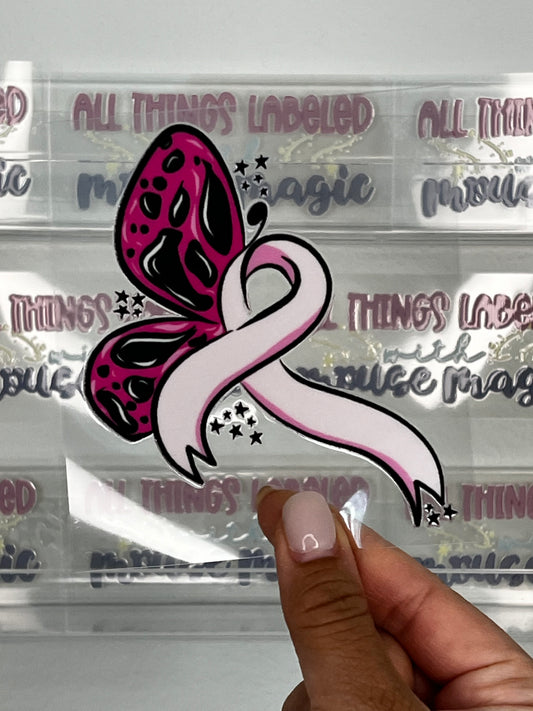 Pink Breast Cancer Awareness UV DTF Butterfly Decal Pink Ribbon Sticker | Ready to Apply Survivor Libby Cup Wrap