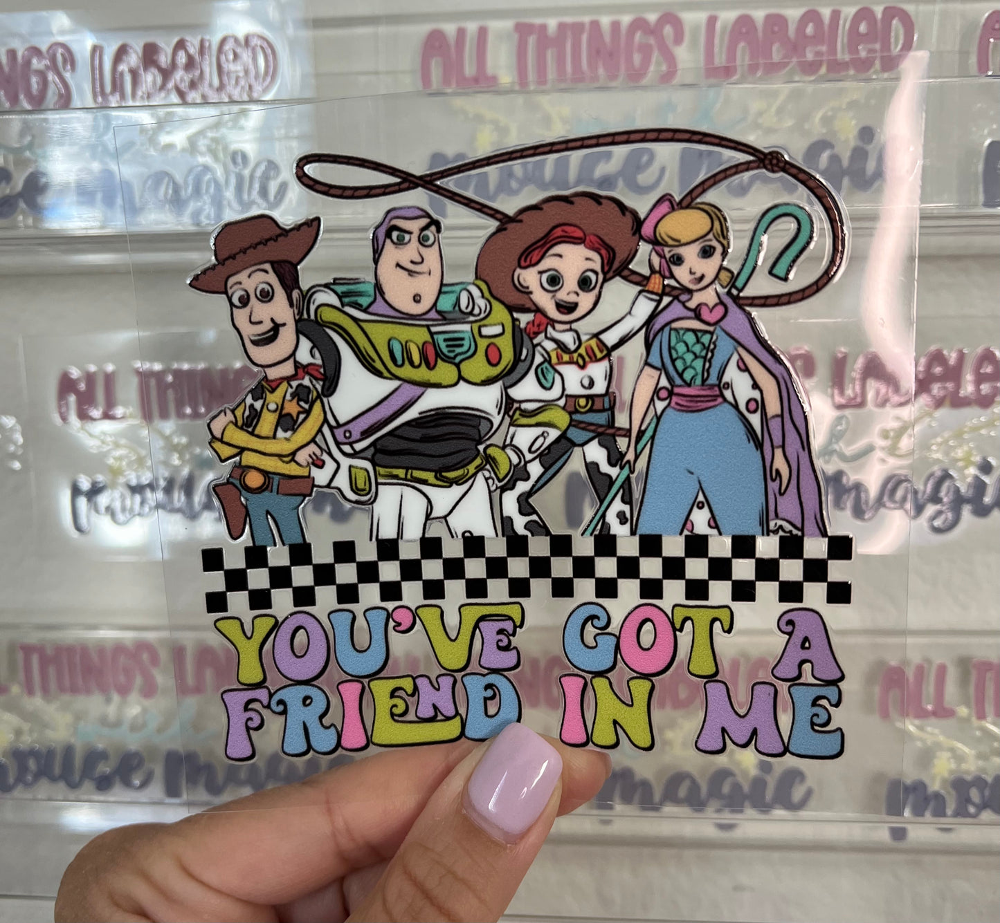 You’ve Got a Friend in Me Checkered Disney Inspired UV DTF Toy Story Permanent Stickers | 16oz Libby Cup Wrap