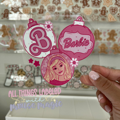 Blonde Pink Doll Ornament UV DTF Decal Barb Holiday Sticker | Ready to Apply Libby Cup Wrap