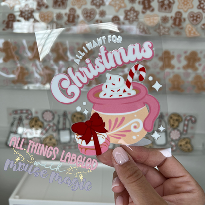 All I Want for Christmas UV Direct to Film Transfer Holiday Decal Cafecito and Pan Dulce Permanent Waterproof Sticker