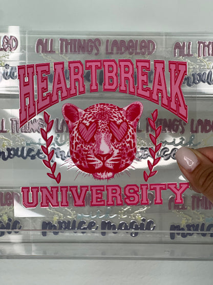 Heart Break University UV DTF Vday Decal Cheetah Print Sticker | Ready to Apply Transfer Smooth Hard Surfaces