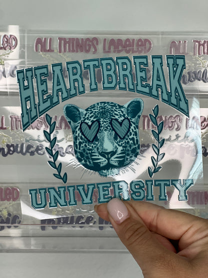 Heart Break University UV DTF Vday Decal Cheetah Print Sticker | Ready to Apply Transfer Smooth Hard Surfaces