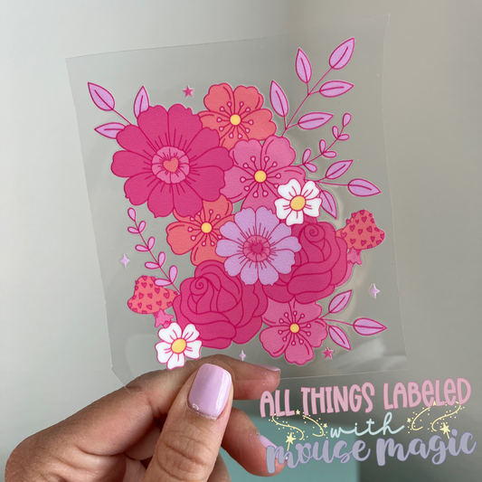 Pink Valentines Day Floral UV DTF Galentine's Inspired Decal Girl Pink Sticker | Ready to Apply Magical Vday Libby Cup Wrap