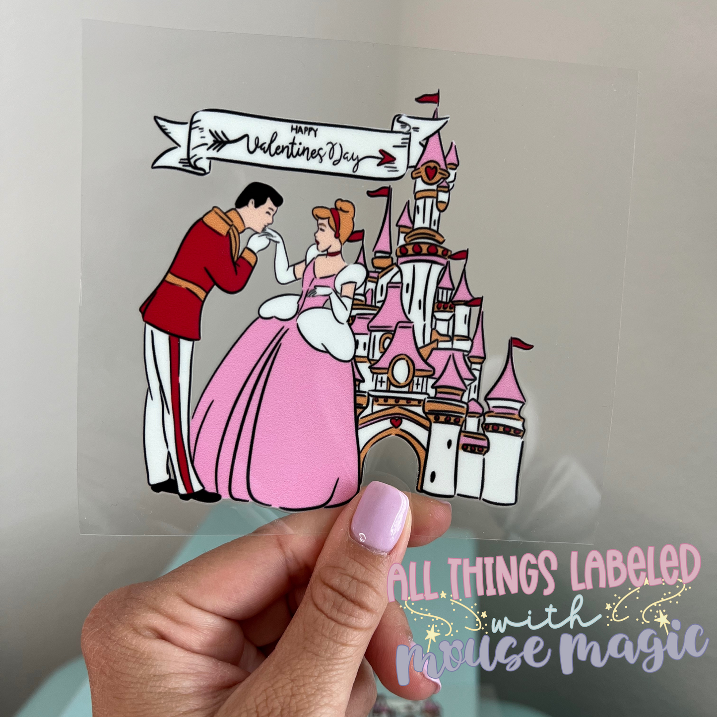 Happy Valentines Day Princess UV DTF Decal | Permanent Pink Disney Castle Inspired Decal For Hard Surfaces Waterproof Sticker