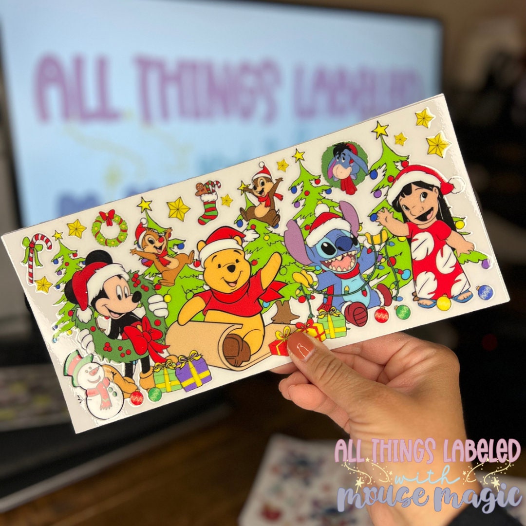 Disney Inspired UV DTF 16 oz Cup Wrap Holiday Mickey and Friends | Permanent Decal For Hard Surfaces Waterproof Stitch Sticker